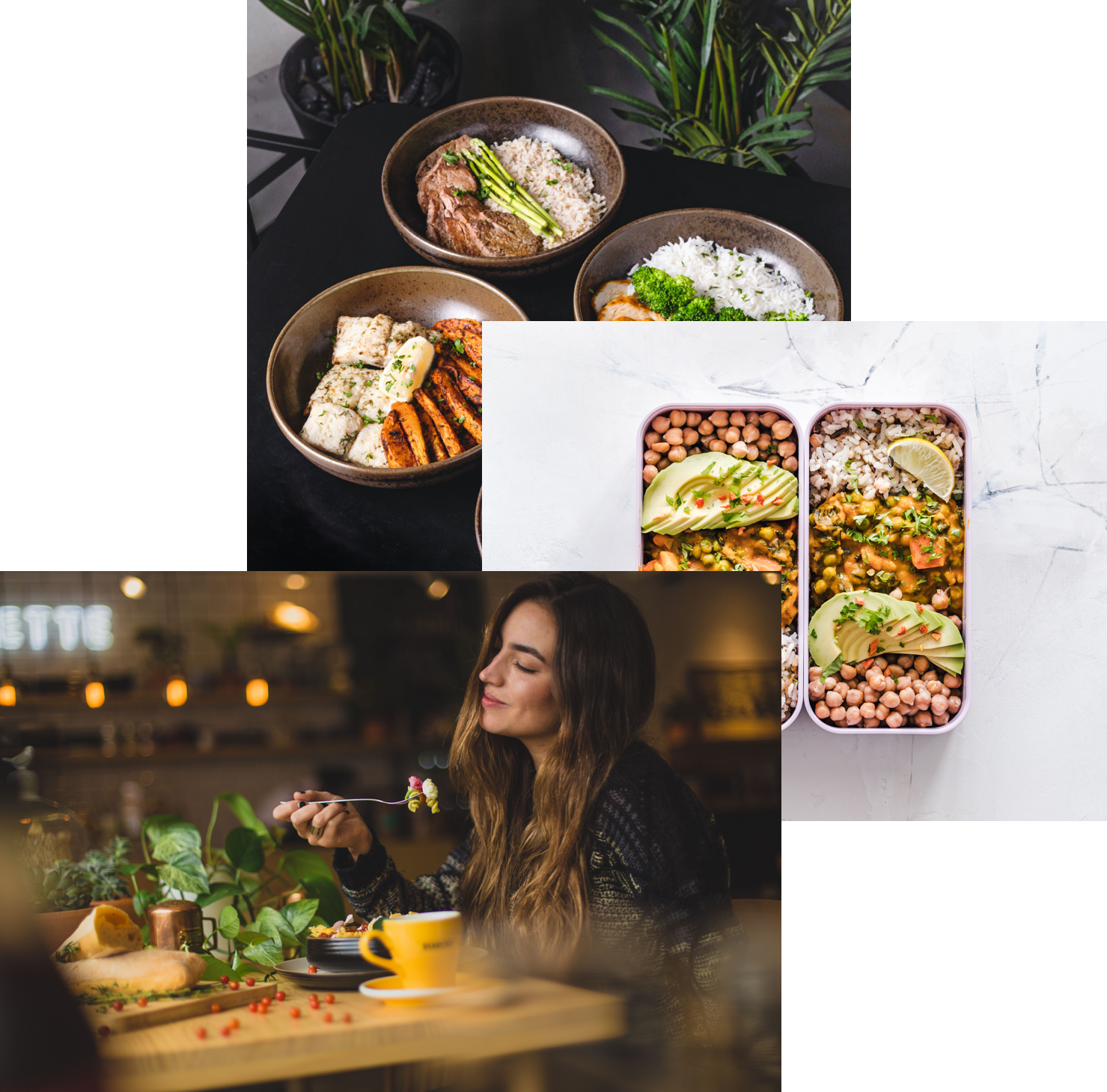 women enjoying food, meals in storage container, and food bowls on a table